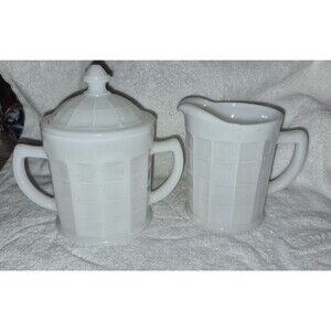Vintage Hazel Atlas Creamer And Sugar Milk Glass Block Pattern